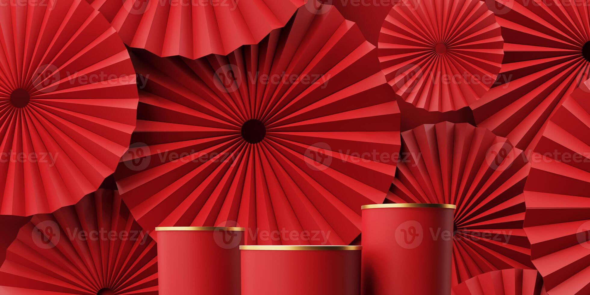 3d render of a festive Chinese New Year celebration, with a luxurious red and gold podium display with lanterns, paper fans. Background for advertising, promotional poster or flyer. photo
