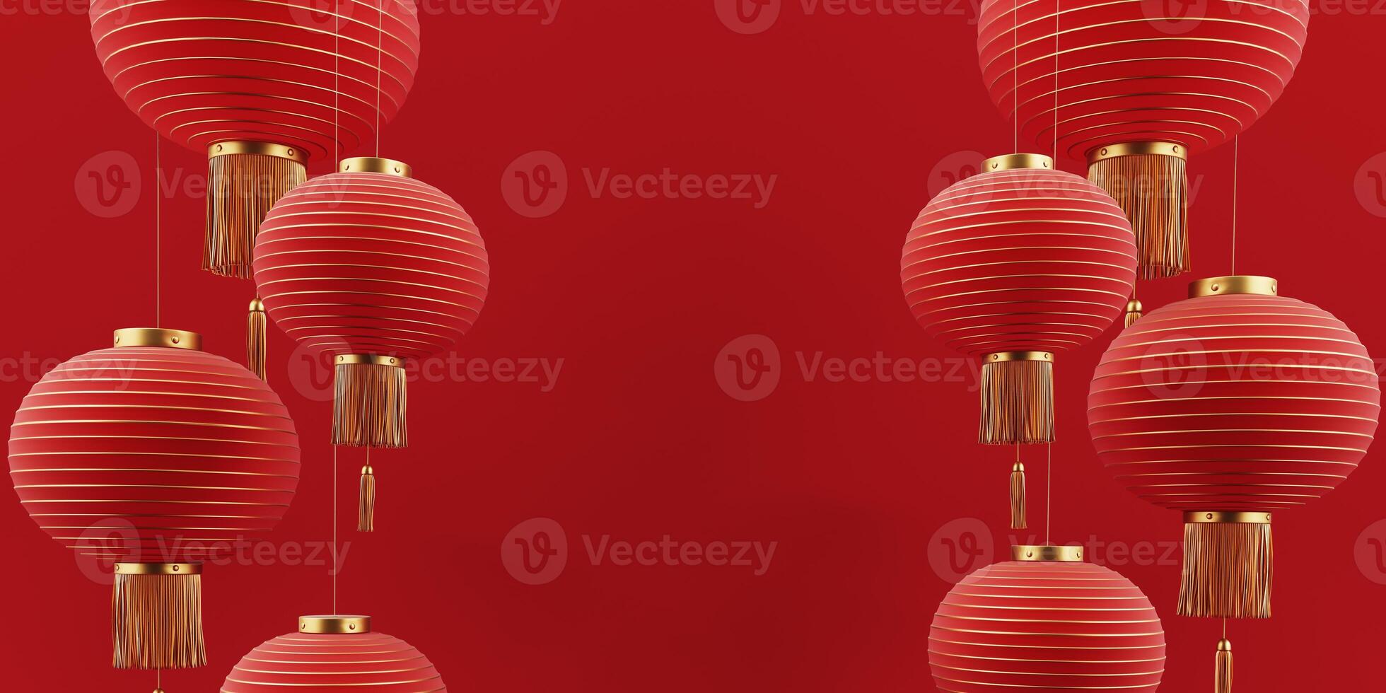 3D render of a modern, geometric background for Chinese New Year celebration with oriental elements, lanterns, paper fans. Suitable for festive advertisements or special offer promotions. photo