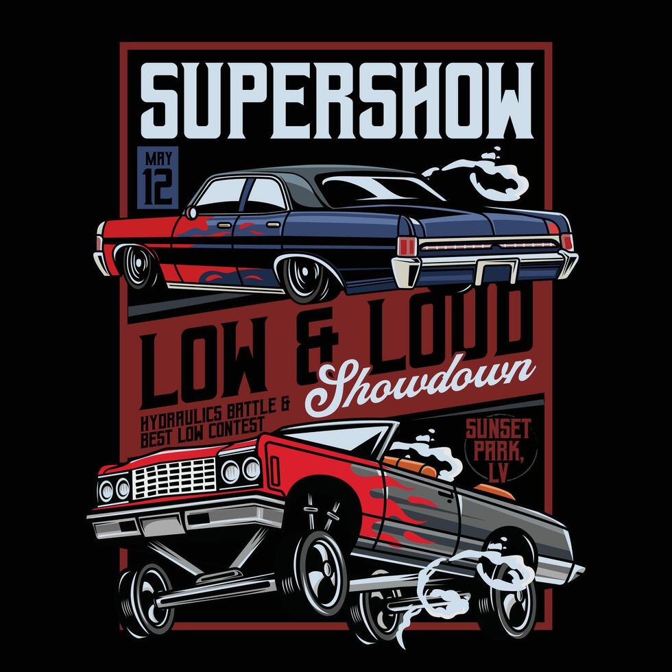 Vintage American Lowriders Car, Skull, Piston, Red Roses, and Race flag Poster Illustration for poster, flyer, social media, web pages, print media, greeting card, invitation, banner vector