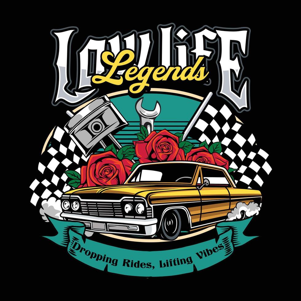 Retro Gold Muscle Lowrider Car with Racing Flag, Red Rose, and Piston Illustration vector