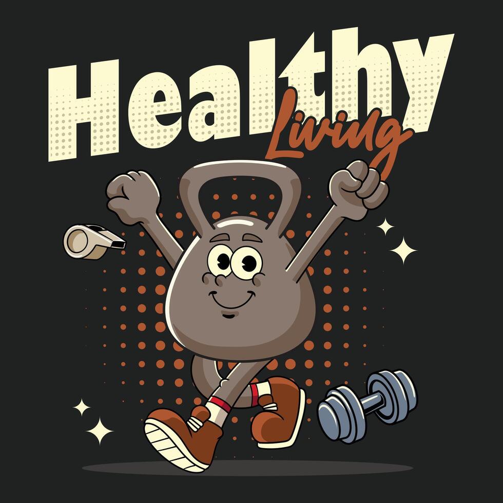 Healthy Walking Kettlebell in Retro Cartoon Character vector
