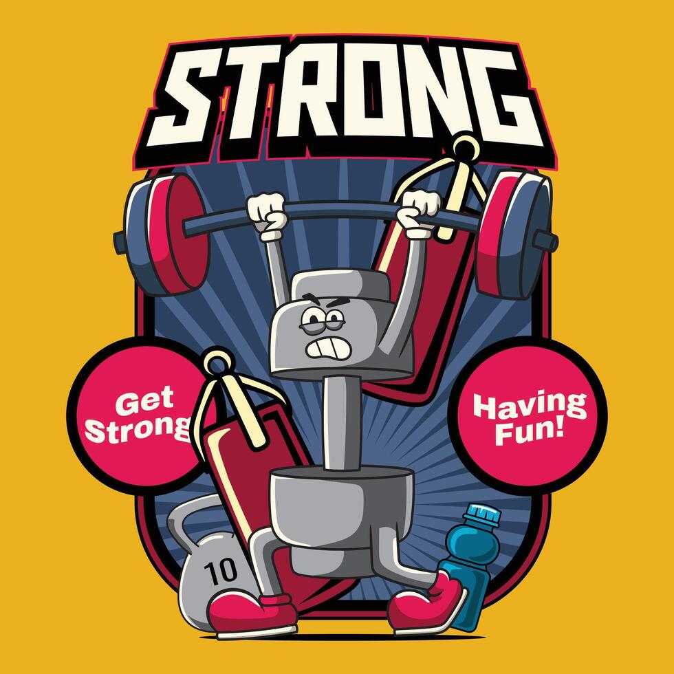Strong Dumbbell Lifting Barbell in Groovy Cartoon Character vector