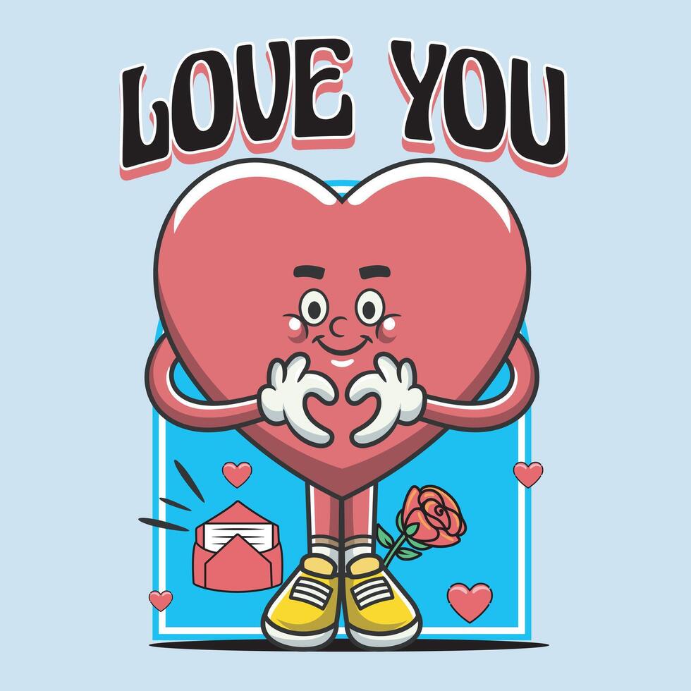 Valentines Day with Cute Heart character in Groovy Vintage Retro Cartoon Illustration vector
