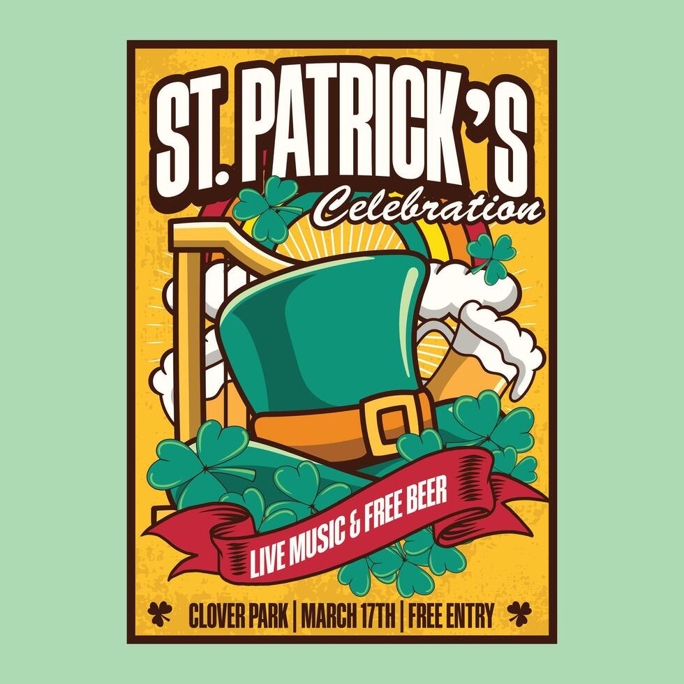 Happy Saint Patrick's Day Retro Cartoon Mascot Character Groovy Vintage Style for poster, flyer, brochure, invitation, greeting card, banner, web, sticker vector