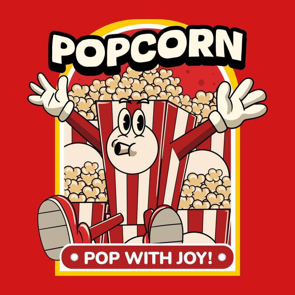 Cute Pop Corn Food Retro Character Illustration in Groovy Style vector