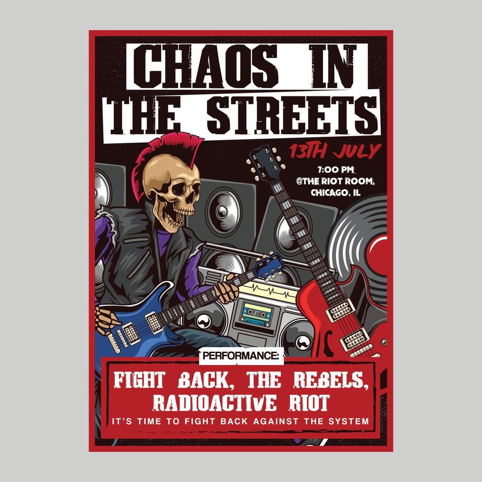 Vintage Punk Rock Music Night party festival concert poster flyer with punk skull playing electric guitar, vinyl, radio and speaker illustration style vector