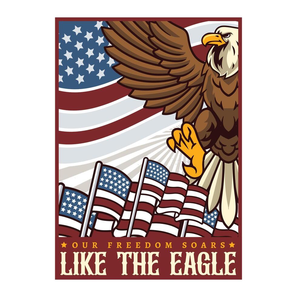 4th of July Independence Day Bald Eagle with American Flag Shield and Statue of Liberty Illustration for social media, flyers, web pages, print media, greeting card, invitation, banner vector