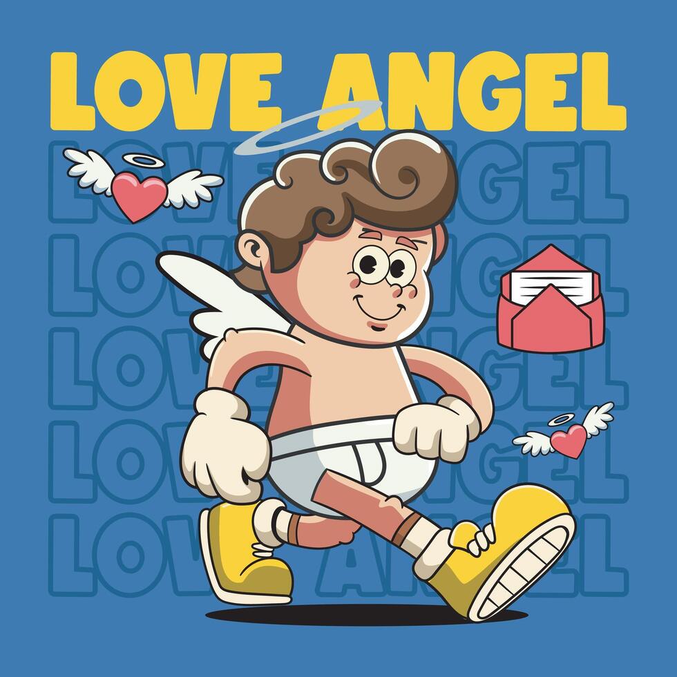 Valentines Day with Happy Cupid Angel character in Groovy Vintage Retro Cartoon vector