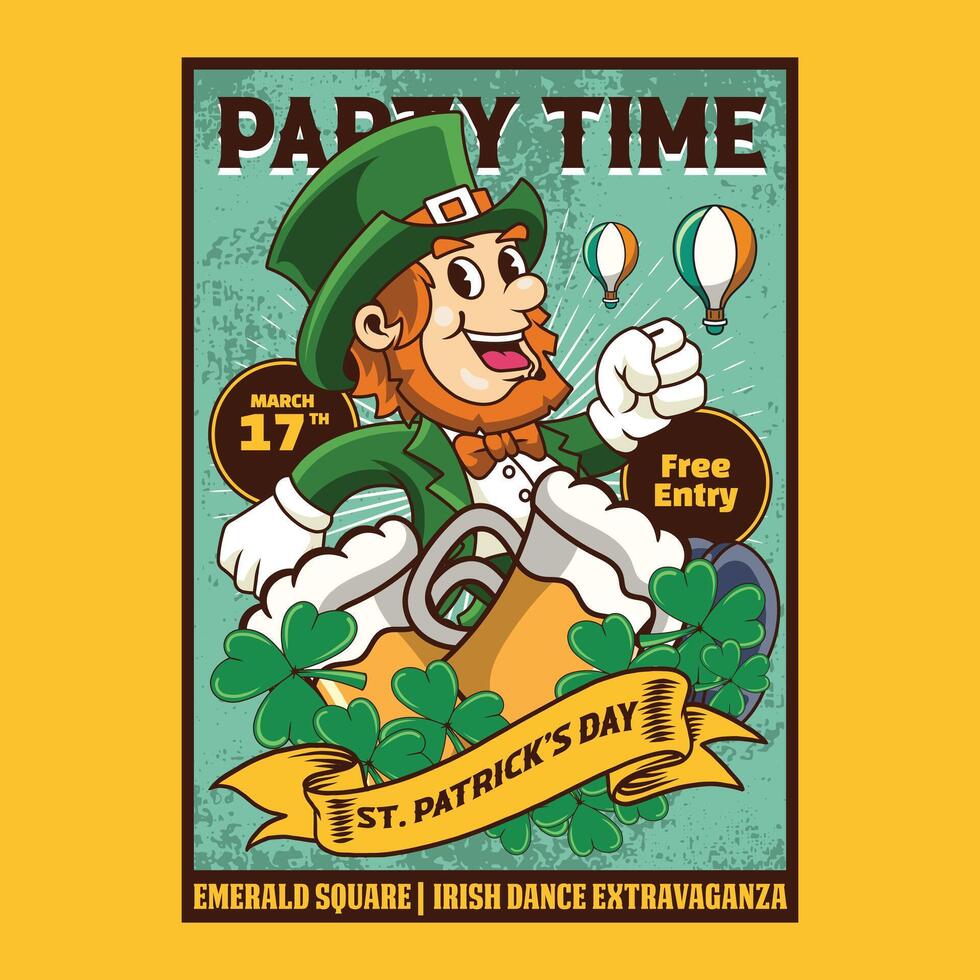 Happy Saint Patrick's Day Gnome Shamrock with Beer Retro Cartoon Mascot Character Groovy Vintage Style for poster, flyer, brochure, invitation, greeting card, banner, web, sticker vector