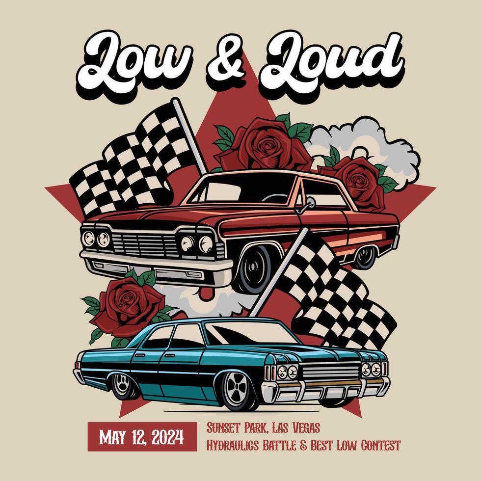 Vintage American Lowriders Car, Skull, Piston, Red Roses, and Race flag Poster in Illustration for flyer, social media, web pages, print media, greeting card, invitation, banner vector
