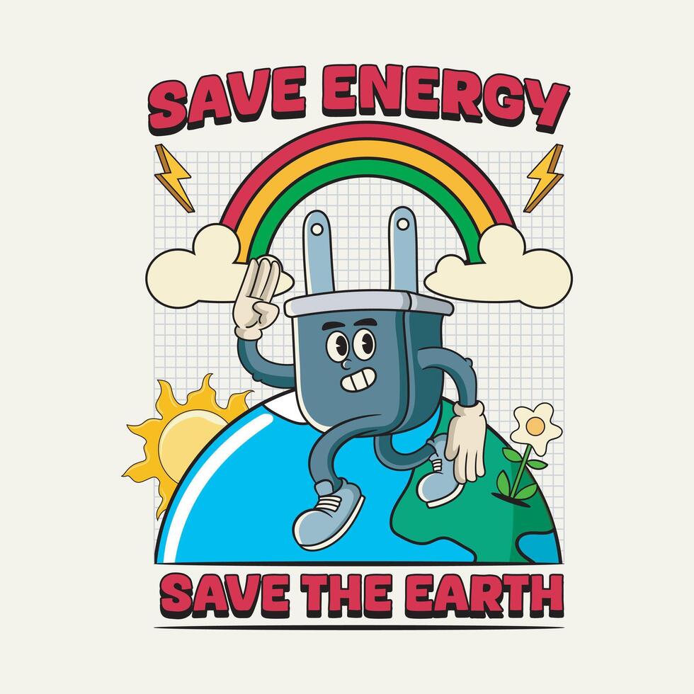 Save Energy Save the Earth Vintage 70s Cartoon Character Illustration vector