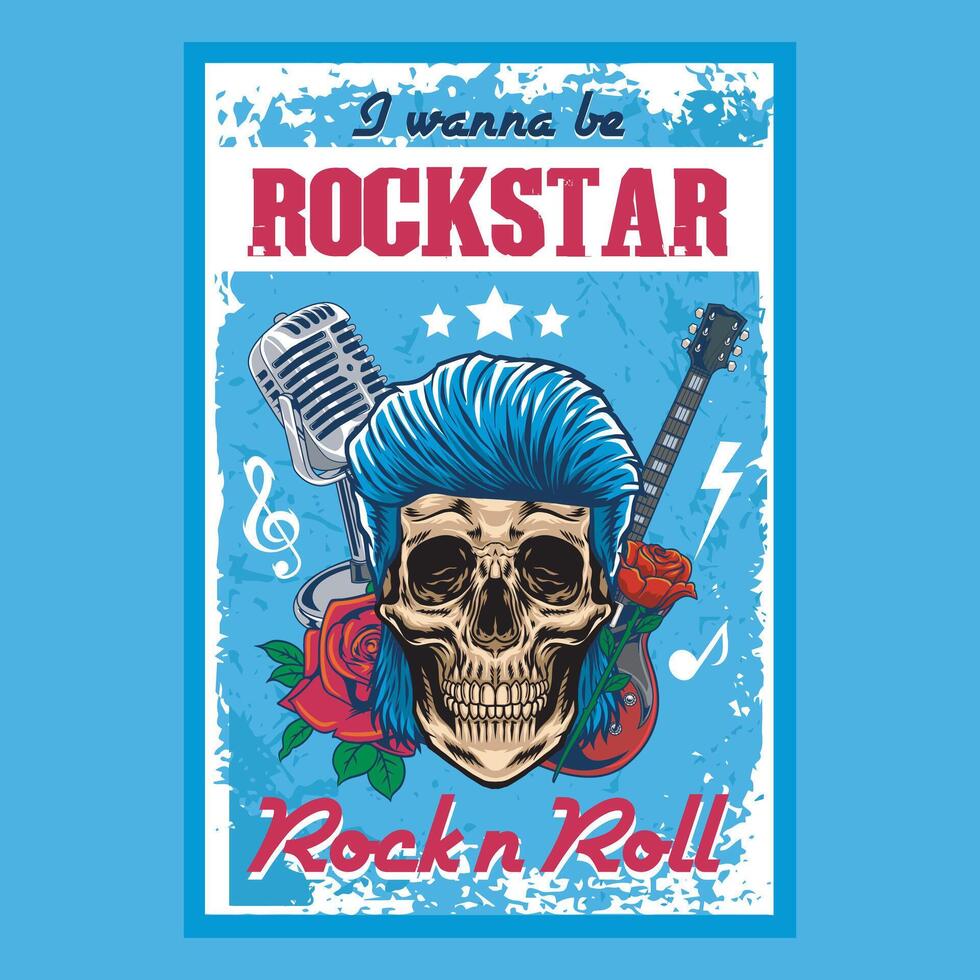 Retro Rock and roll night party festival concert poster flyer with guitar and skull head illustration vector
