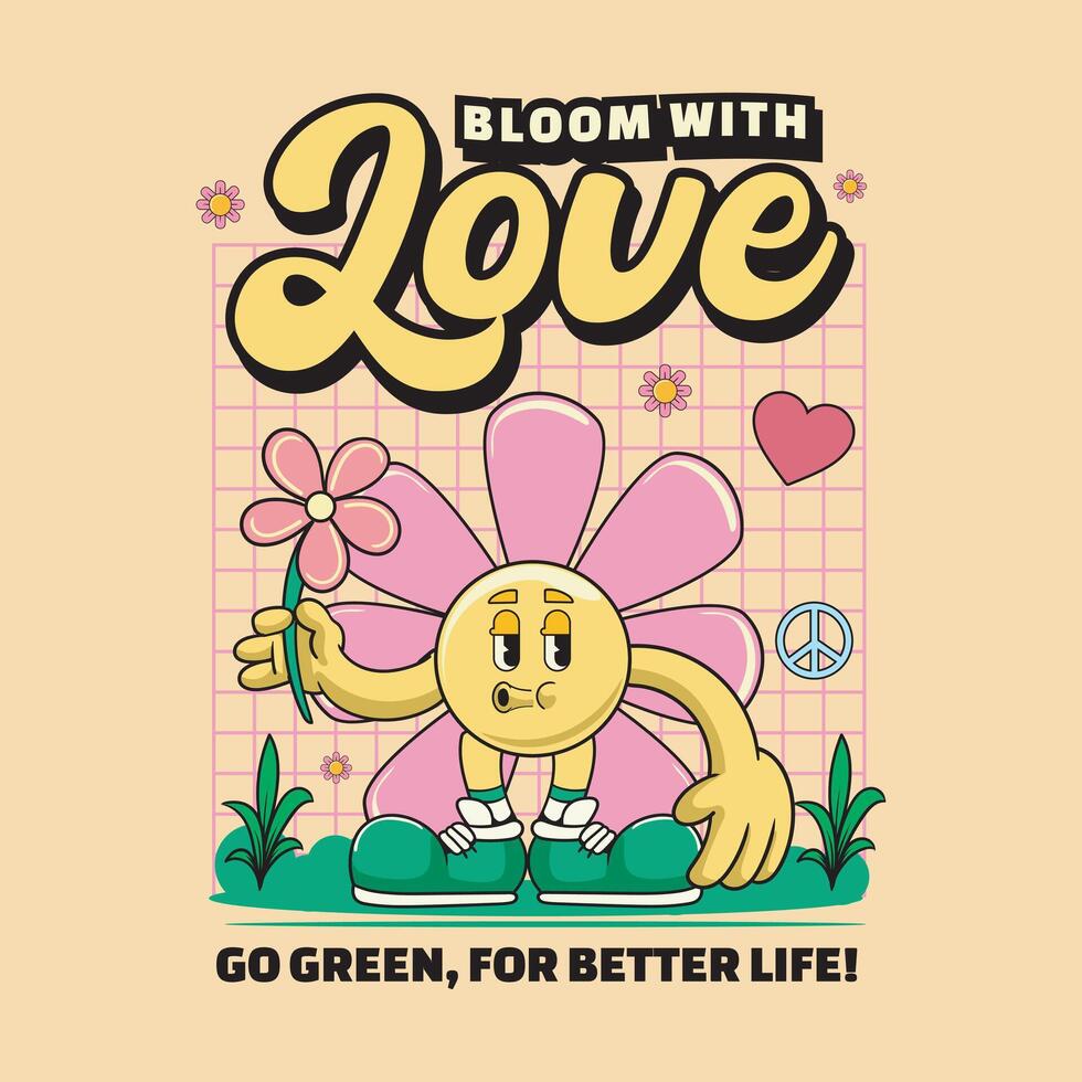 Happy Earth Day Go Green for Better Life Retro 70s Cartoon Mascot Illustration vector