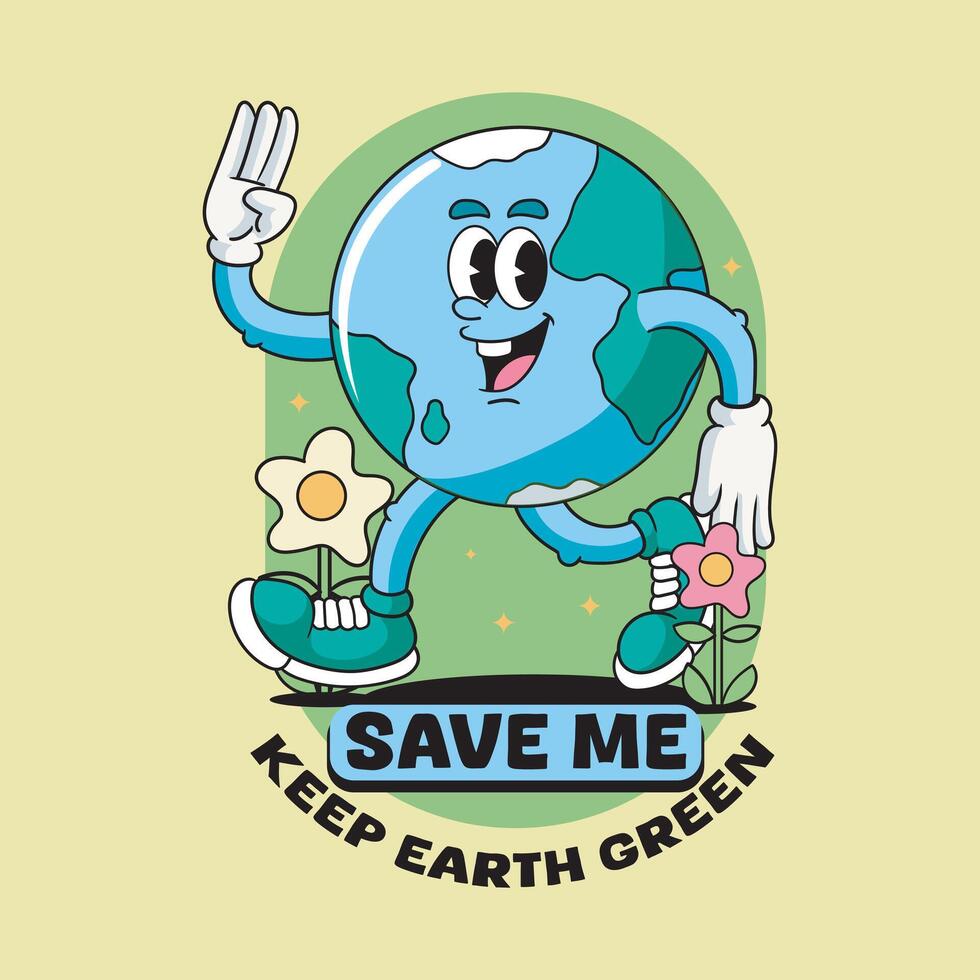 Earth Day Save the Globe Vintage Cartoon Character Illustration vector