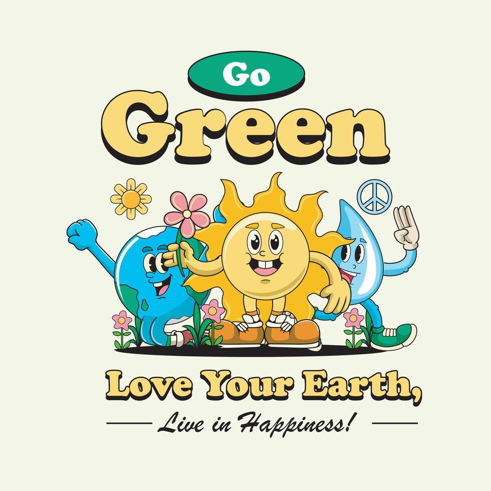 Happy Earth Day Go Green Love your Earth Retro 70s Cartoon Mascot Illustration vector