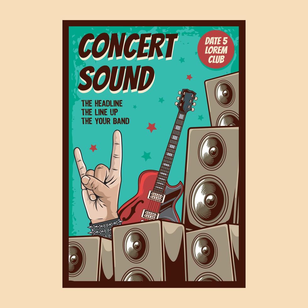 Vintage Rock and roll festival concert poster with stack amplifier, rock fingers and guitar illustration vector