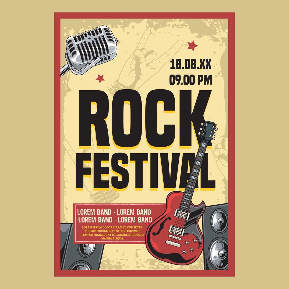 Classic Rock and roll night party festival concert poster flyer with guitar and speaker illustration vector