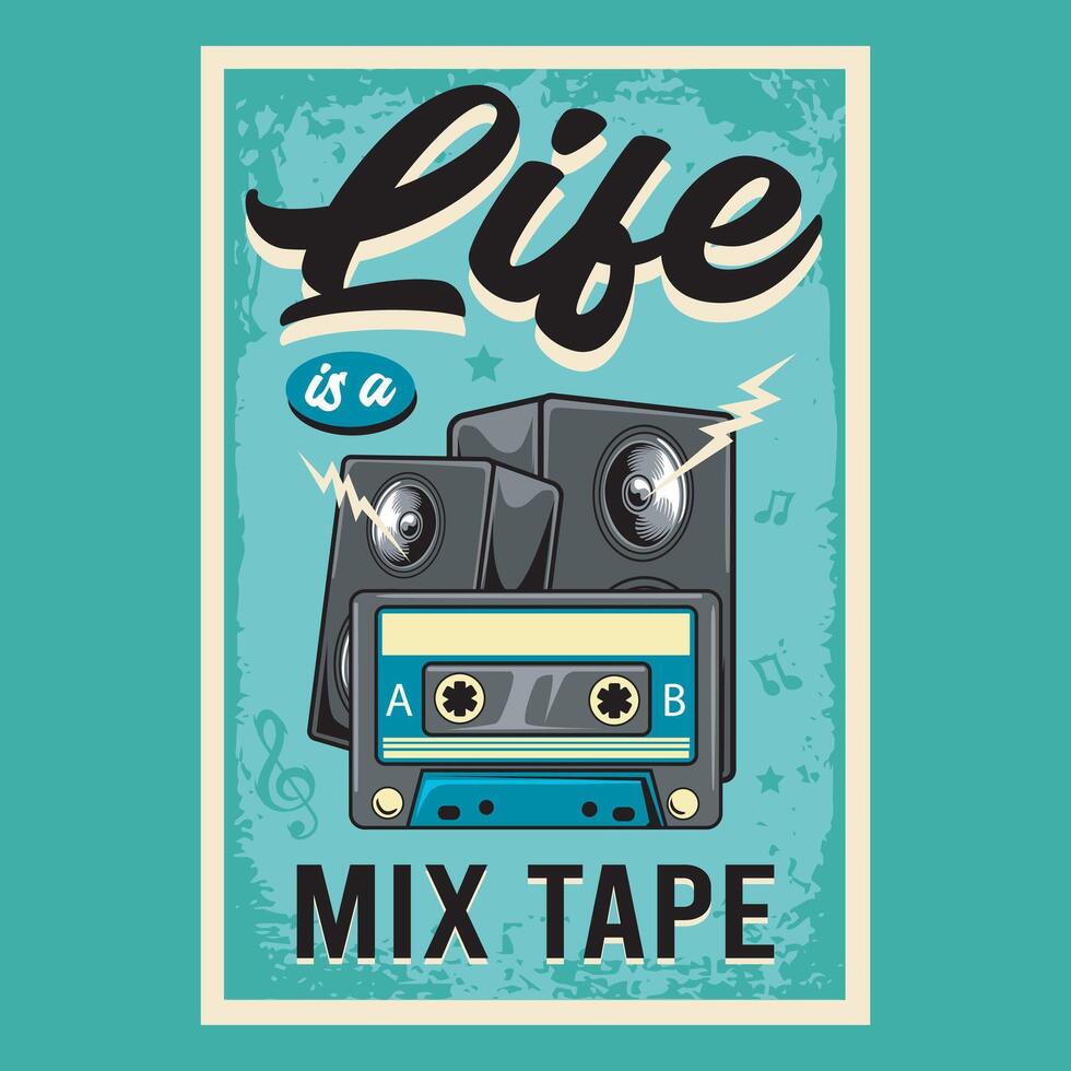 Retro Music Festival Poster Flyer with Speaker, retro mixtape and lightning bolts in Retro Illustration Design Style vector