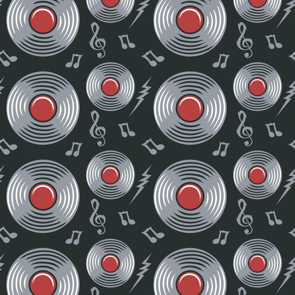 Retro musical vinyl seamless pattern hand drawn colorful illustrations in simple cartoon style for textiles, wallpaper, wrapping vector