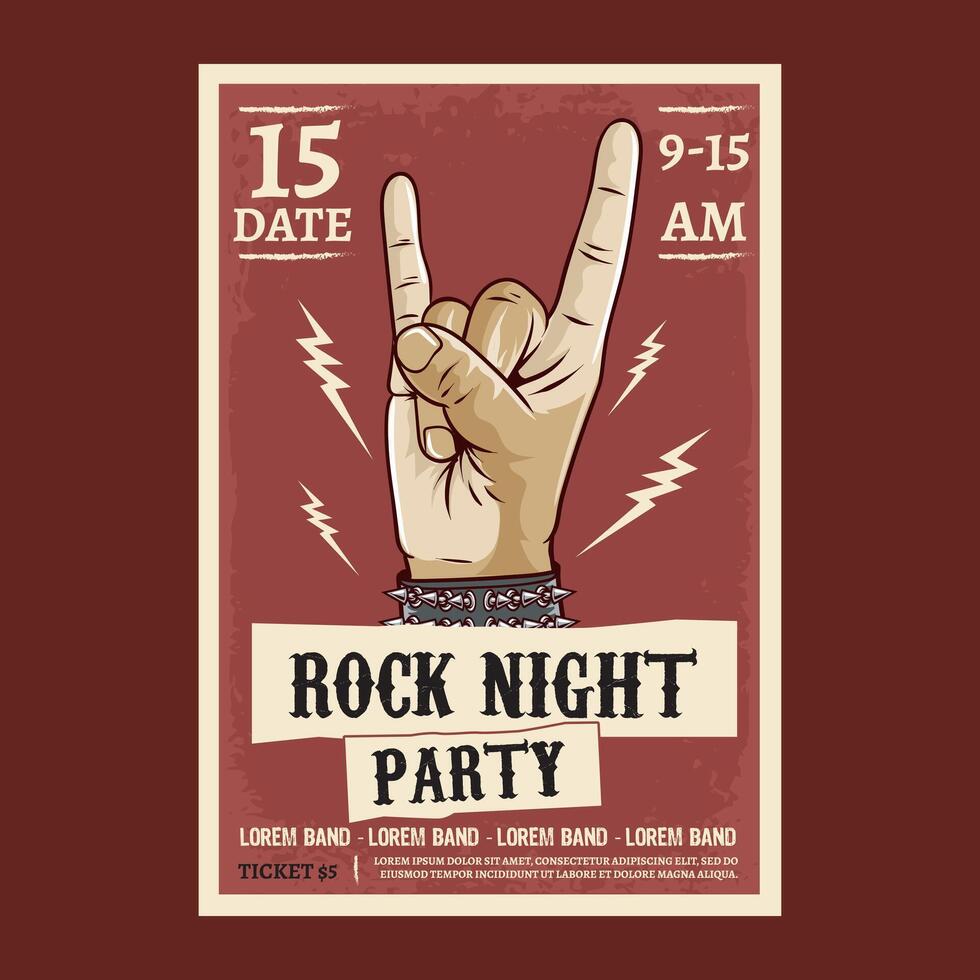 Vintage Rock and roll night party festival concert poster flyer with rock fingers sign and lightning bolts illustration vector