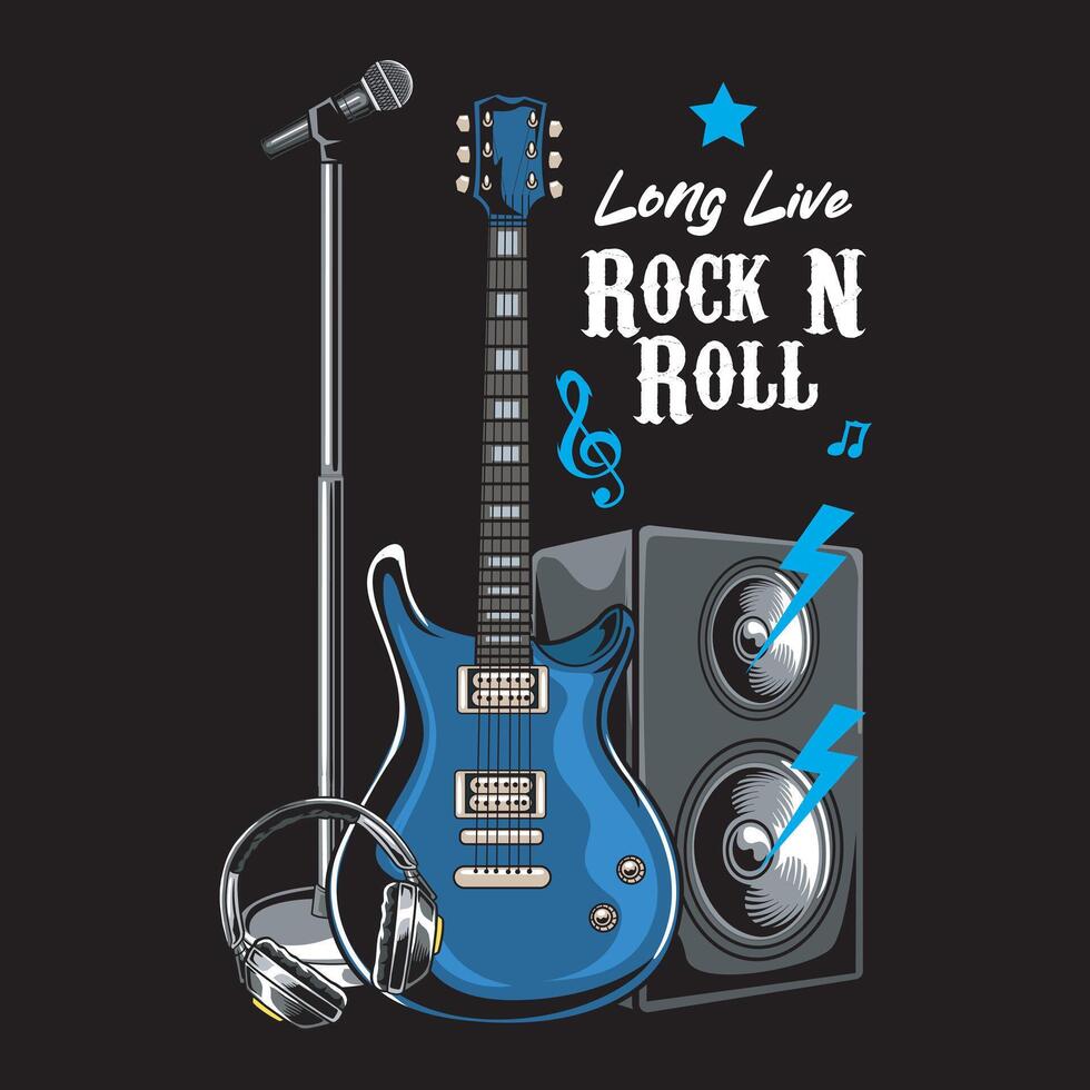 Long Live Rock and Roll slogan with electric guitar, microphone, headphone and speaker Illustration for Apparel vector