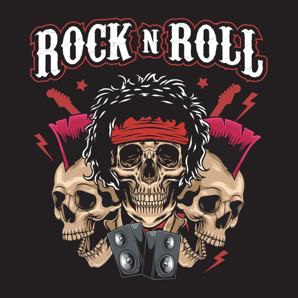 Rock and Roll slogan with three punk skull Head, Electric Guitar and Lightning Bolt Illustration for Apparel vector