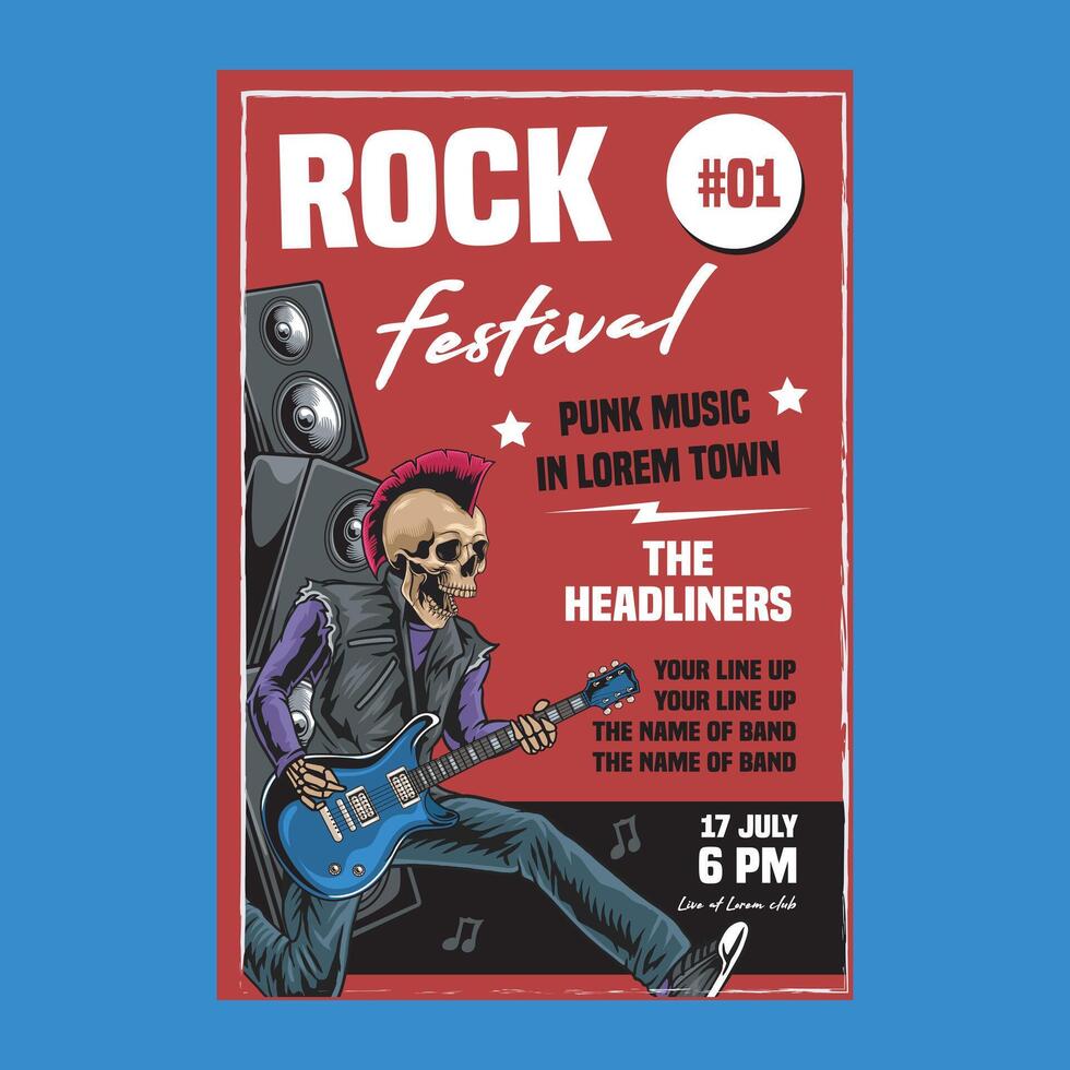Classic Rock and roll night party festival concert poster flyer with punk skull play guitar and speaker illustration vector