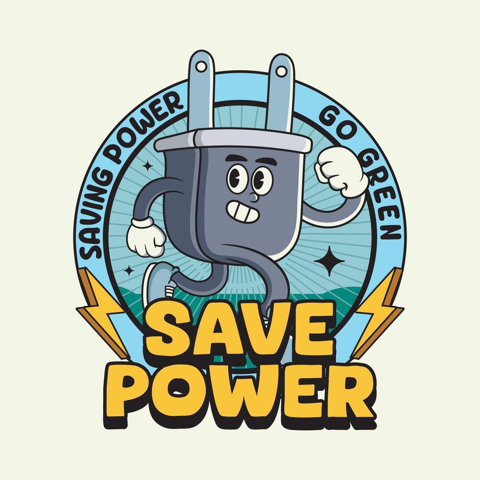 Happy Earth Day Save Power Retro 70s Cartoon Mascot Illustration vector
