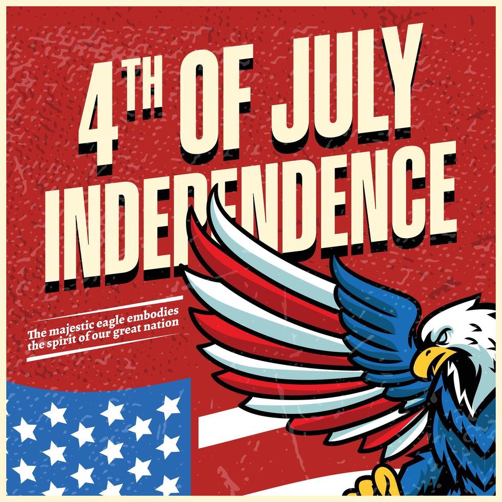 4th of July Independence Day Bald Eagle with American Flag Shield and Statue of Liberty Illustration for social media, flyers, web pages, print media, greeting card, invitation, banner vector
