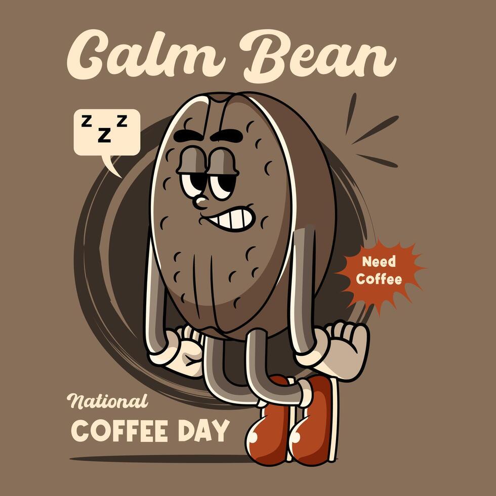 Lazy Coffee Bean Cartoon Character Mascot Illustration in Vintage Retro 70s 80s Groovy Style for sticker, poster, flyer, brochure, invitation, greeting card, banner vector