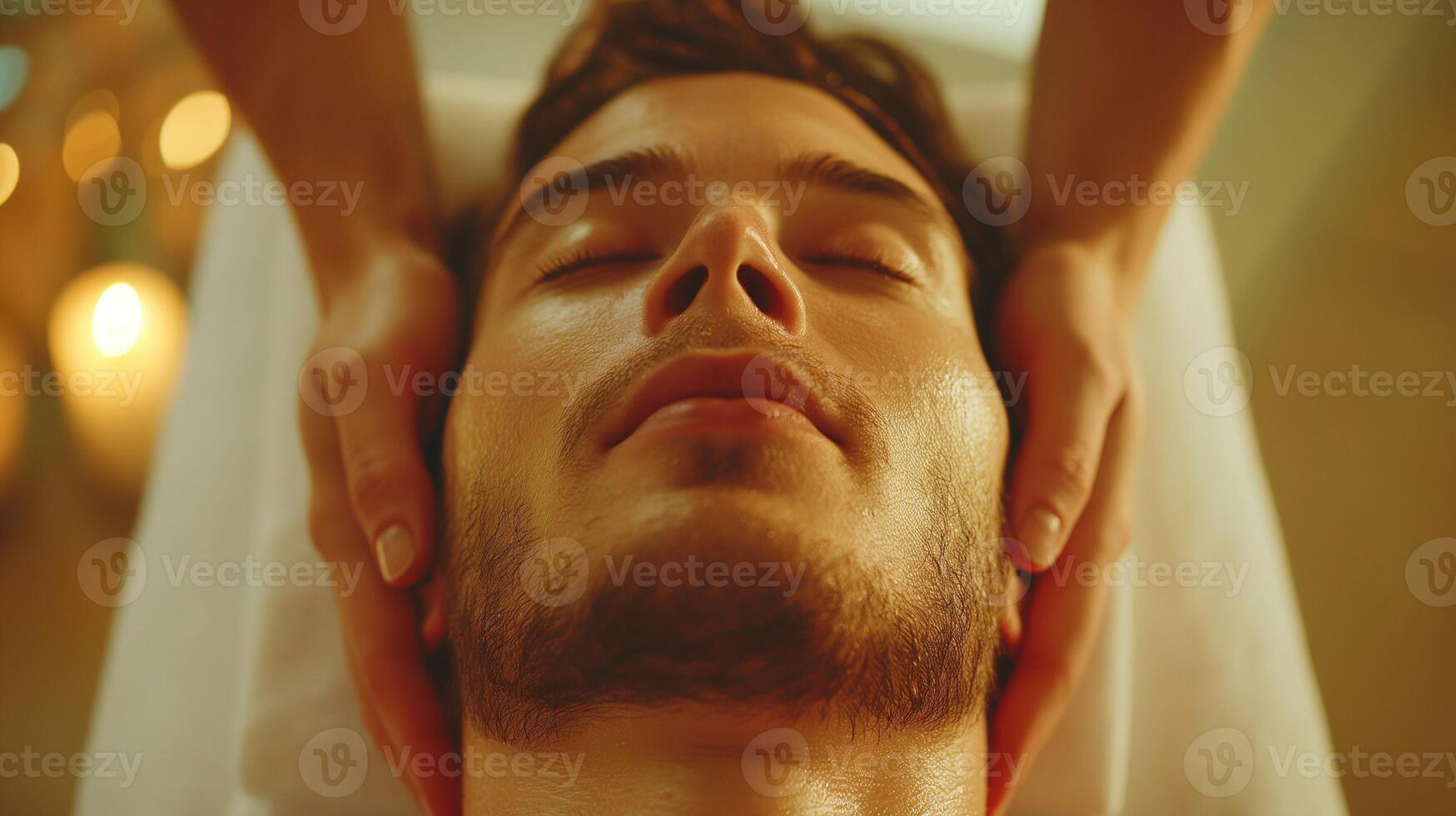 Tranquil european man at relaxing head massage portrait image. Young male enjoying physical therapy picture photorealistic photography. Spa center service concept photo realistic