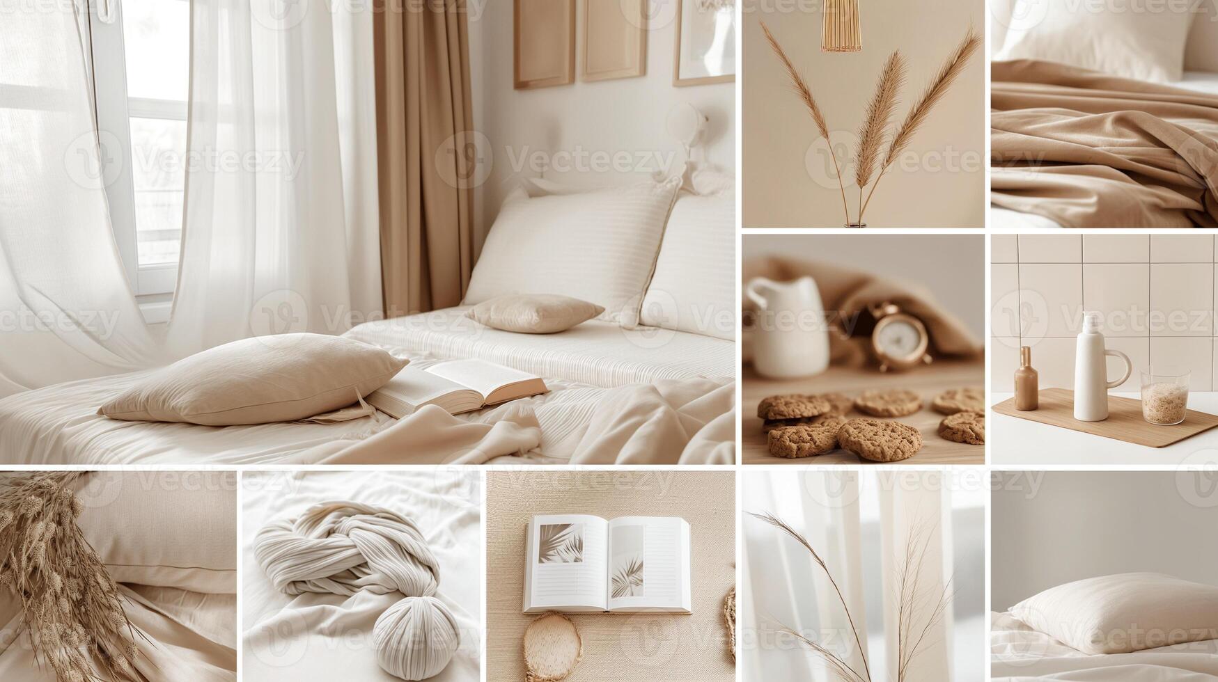 Enjoying relaxing atmosphere of lazy morning aesthetic images collage. Cozy weekend at home mood board background wallpaper. Comfortable place to rest visual inspiration composition photos