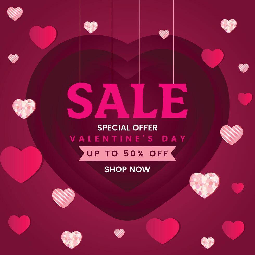 Valentine's sale banner with a discount template in paper cut style. A romantic promotion poster or flyer with heart elements on a pink background, perfect for store discounts. vector