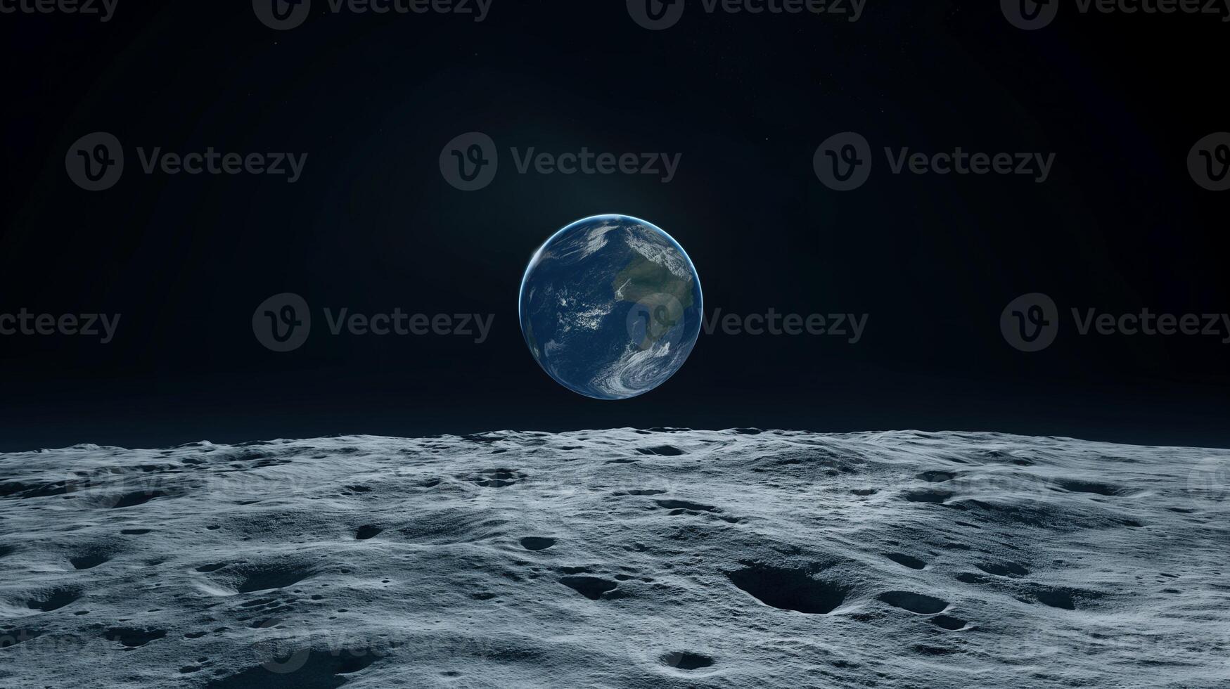 Lifeless moon surface against distant earth globe image. Planet with atmosphere in dark void view from moon photography scene wallpaper. Space bodies concept photorealistic photo