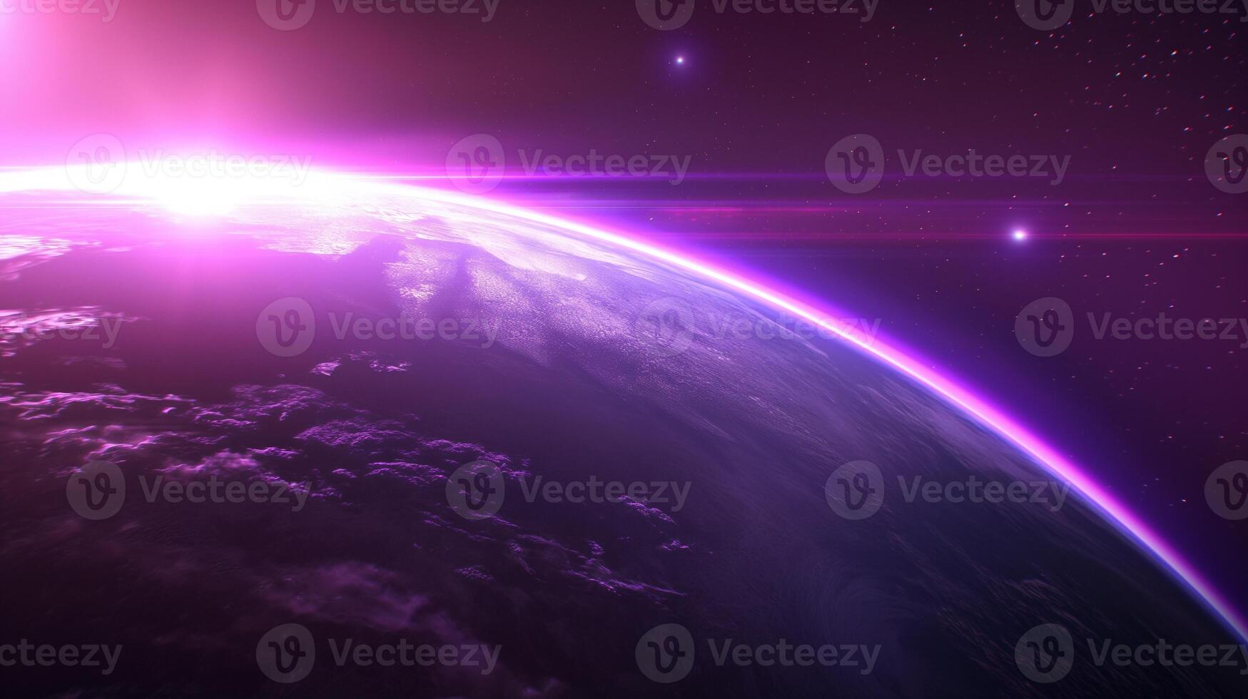 Planet orbit lit by pink neon light image. Fantastic outer space landscape at purple sunrise photography scene wallpaper. Beauty in dark cosmic expanse concept photorealistic photo