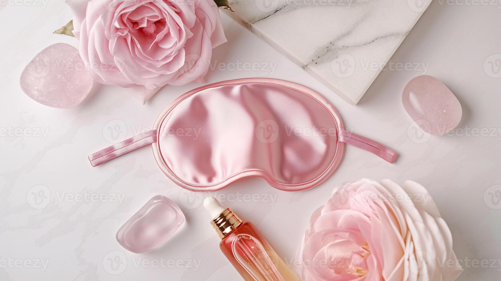 Sleep mask, roses and essential oils image. Feminine composition with pink silk blindfold photography scene wallpaper. Bedroom comfort accessories concept photorealistic photo