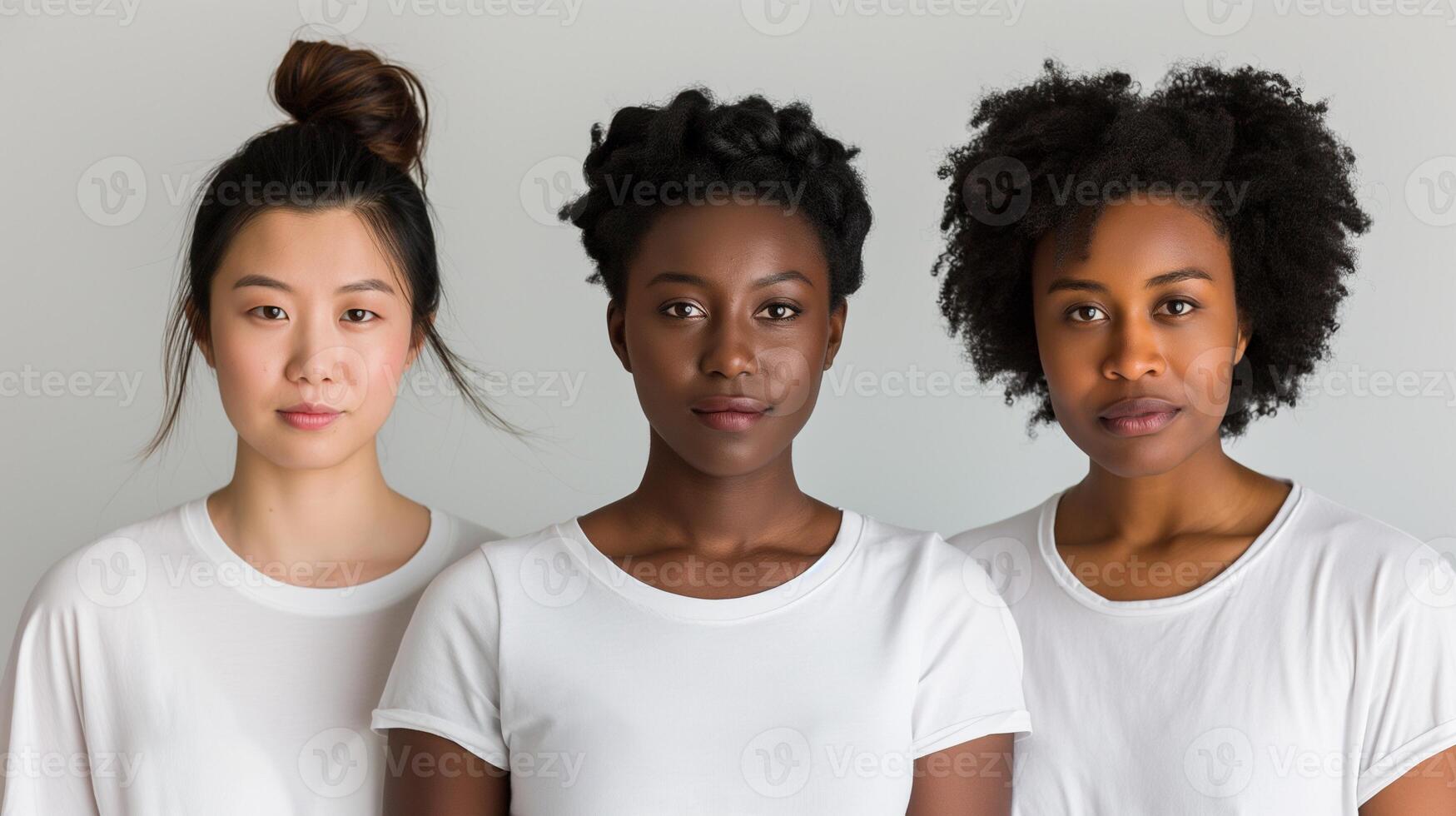 Confident multicultural women looking at camera portrait image. Positive females showing support photography studio shot. Diverse sisterhood representation concept photo realistic