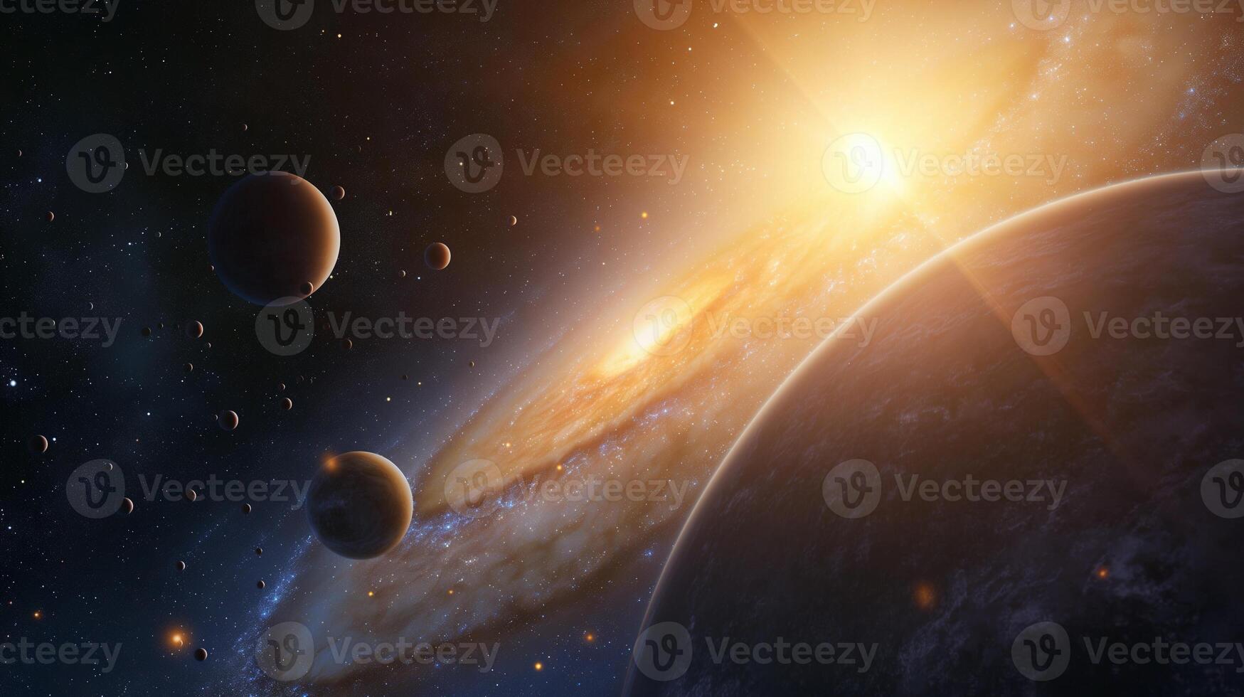 Planets silhouettes and bright galaxy image. Breathtaking outer space bodies arrangement photography scene wallpaper. Universe exploration program concept photorealistic photo