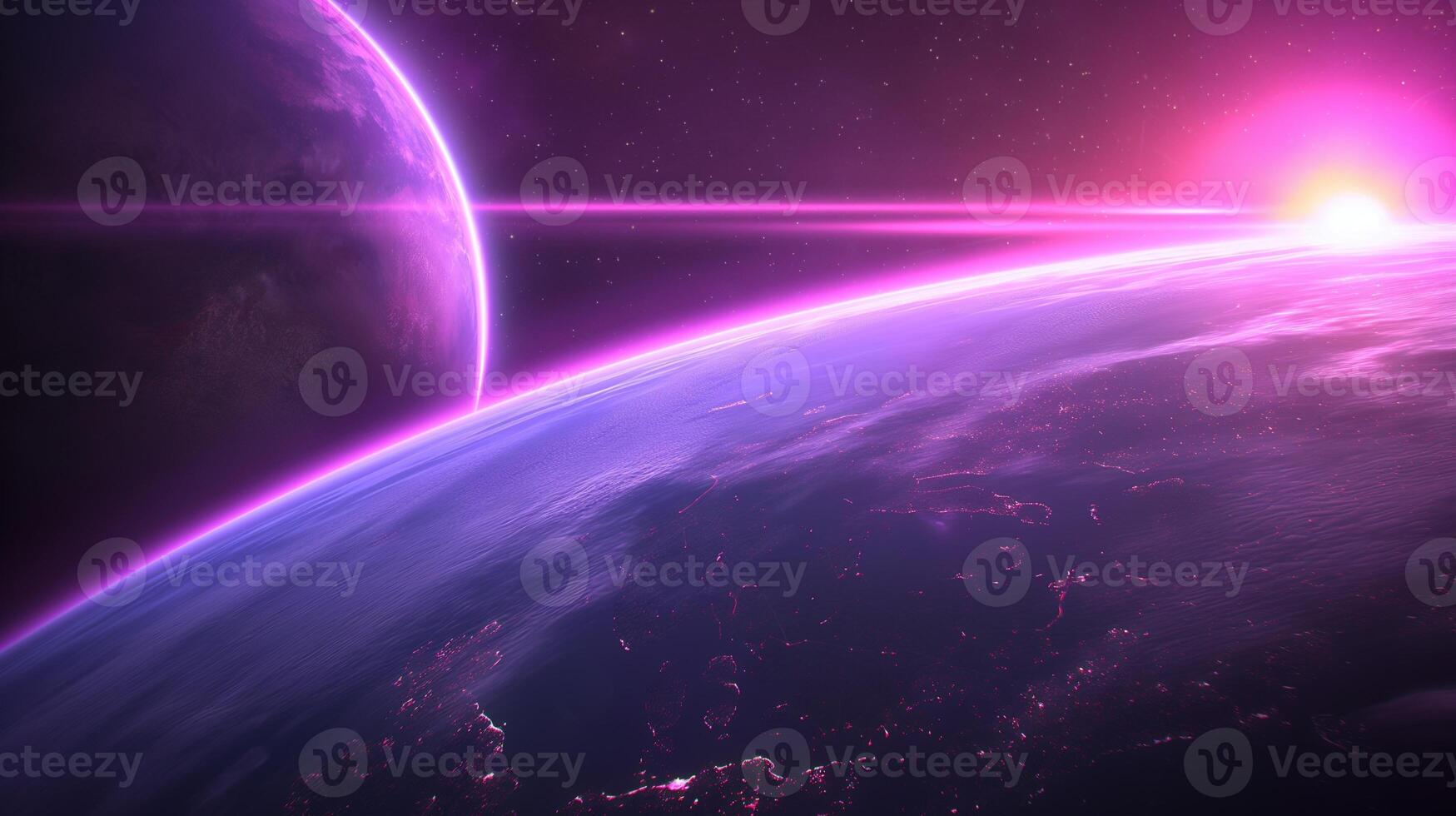 Mysterious cosmic bodies at pink sunrise image. Planet horizon illuminated by neon light photography scene wallpaper. Abstract space landscape concept photorealistic photo