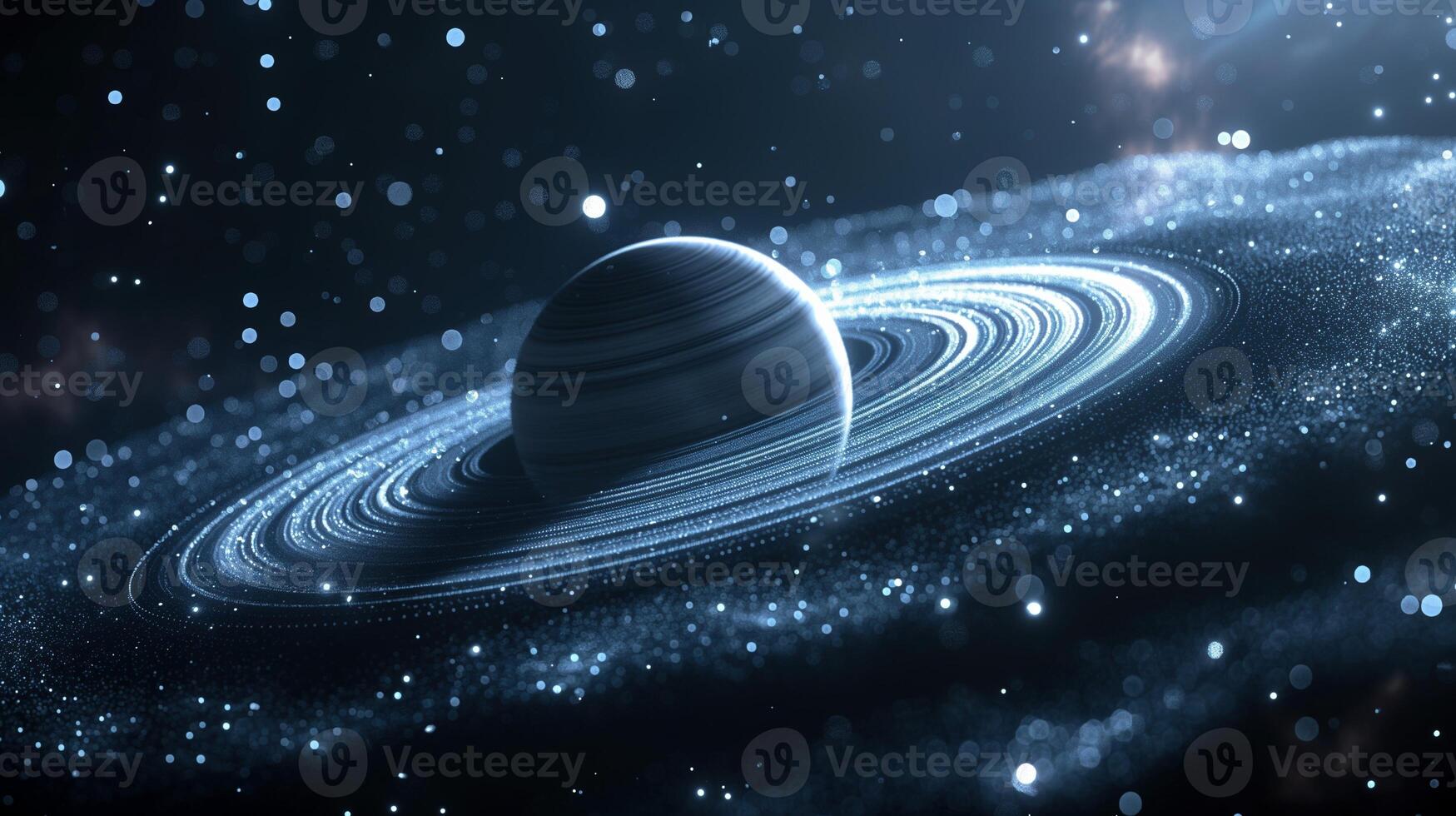 Undiscovered planer with thin rings image. Lone celestial body and sparkling stars photography scene wallpaper. Astrophysics science researching concept photorealistic photo