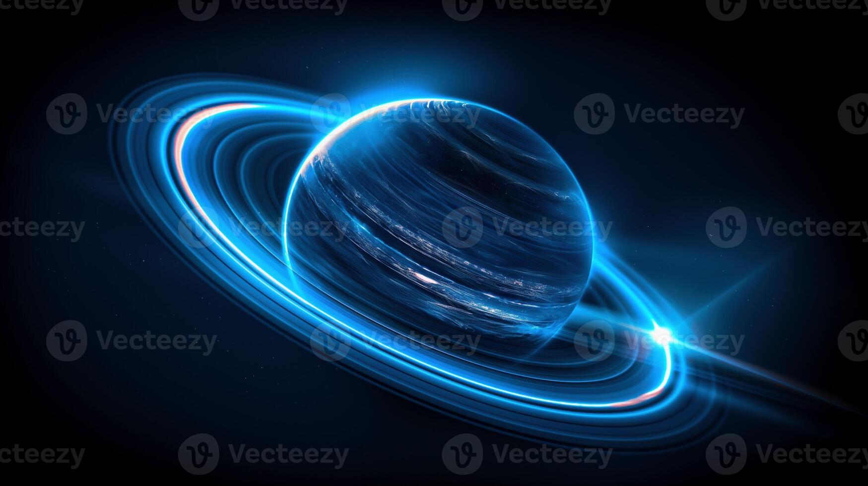 Flaring ring planet with neon lights 3d rendering image. Saturn like gas giant in dark expanse background wallpaper colorful realistic. Outer space exploration concept idea photo