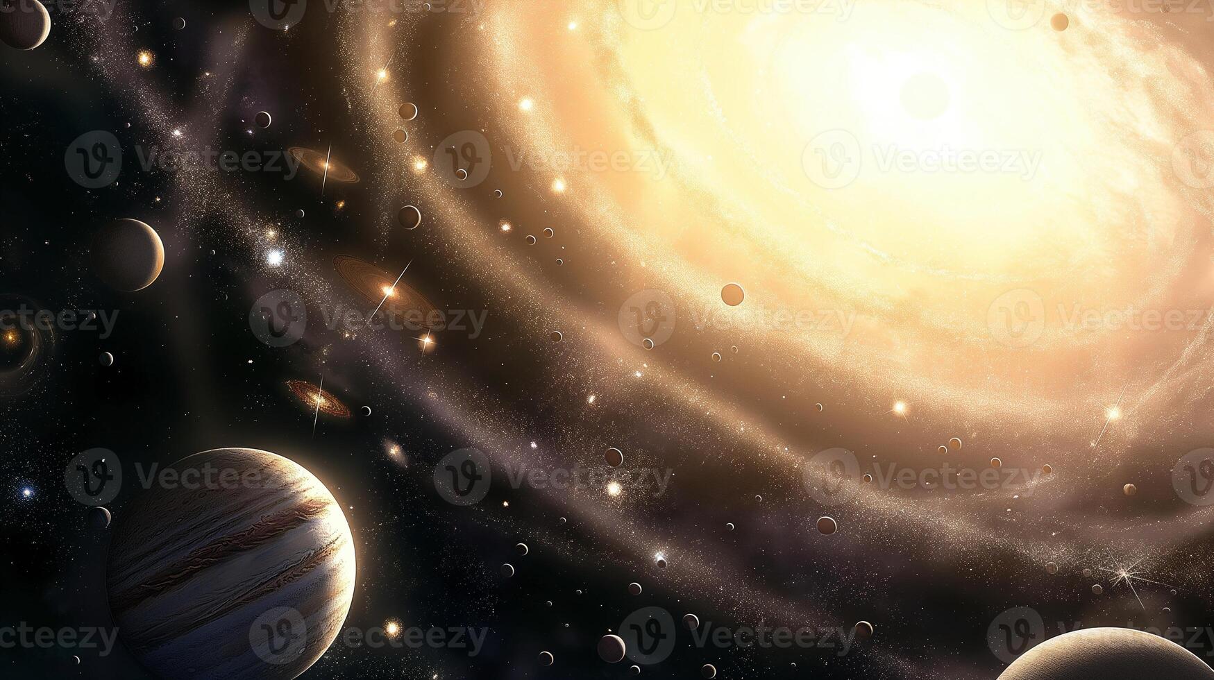 Brightly glowing galaxy and planets in darkness image. Amazing luminous star dust cluster in space photography scene wallpaper. Cosmos depth objects concept photorealistic photo