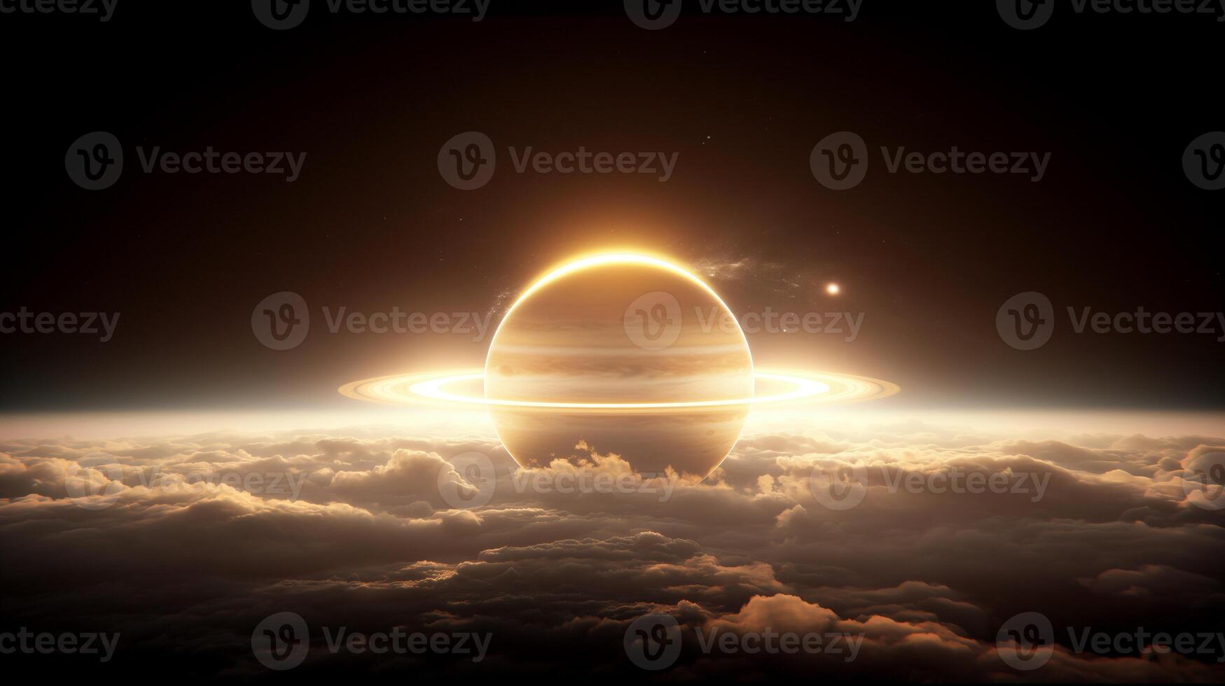 Ring planet over cloudy sky lit by backlight image photo