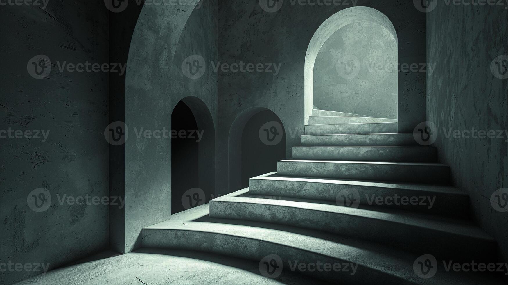 Minimalist staircase and arches in soft light image. Monochrome stone architecture photography scene wallpaper. Surreal perspective. Optical illusion concept photorealistic photo