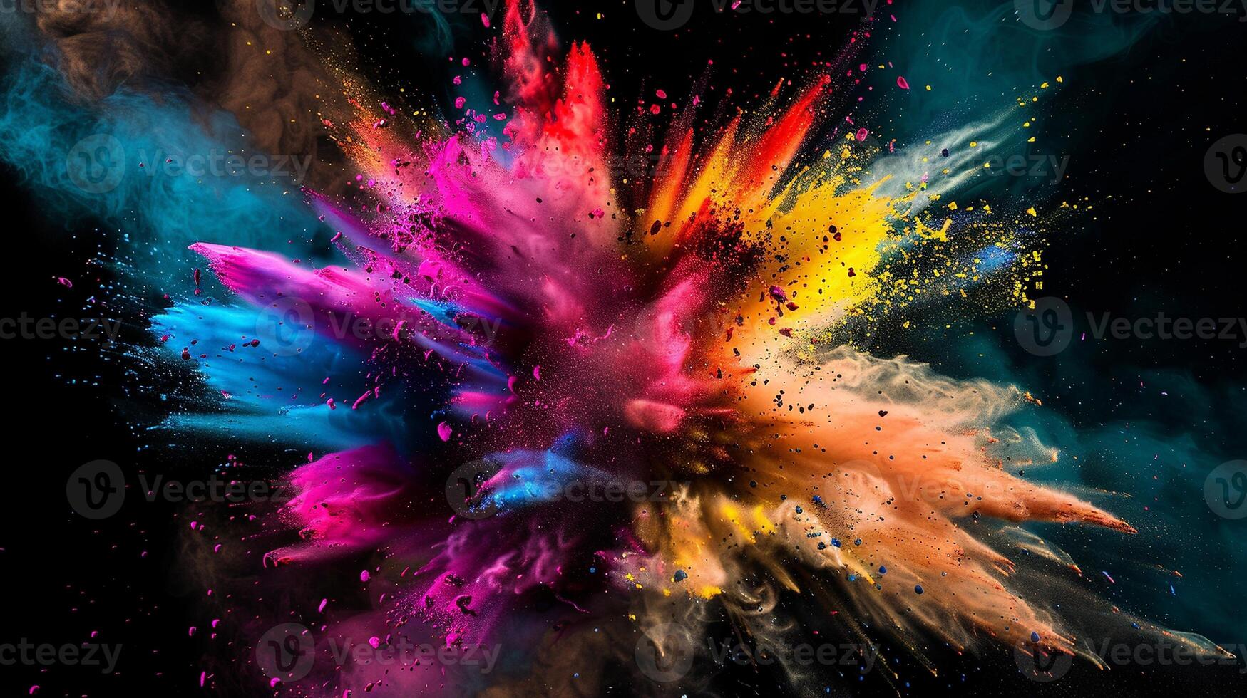 Multi-hued powder blast background image. Creative burst. Various colored powders blasting outward photo backdrop wallpaper realistic. Vividness and movement concept photorealistic