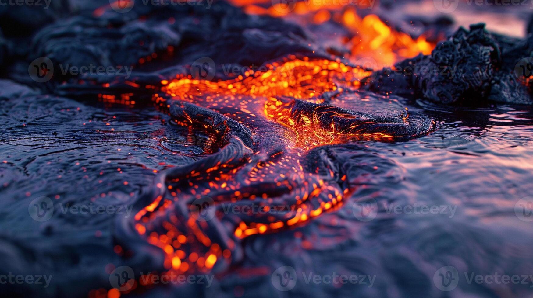 Mesmerizing molten lava flowing closeup image. Magma river close up photography. Glowing orange, fiery red, dark black textures. Scattered sparks. Dynamic energy concept photo realistic