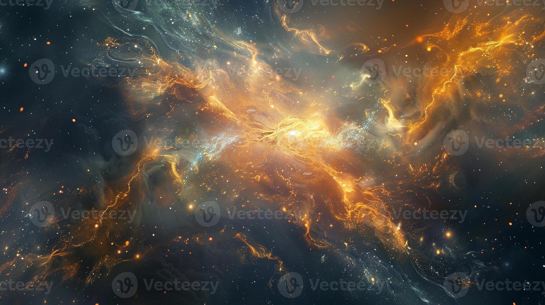 Ethereal galactic nebula filled with golden sparkling light trails 3d rendering image photo