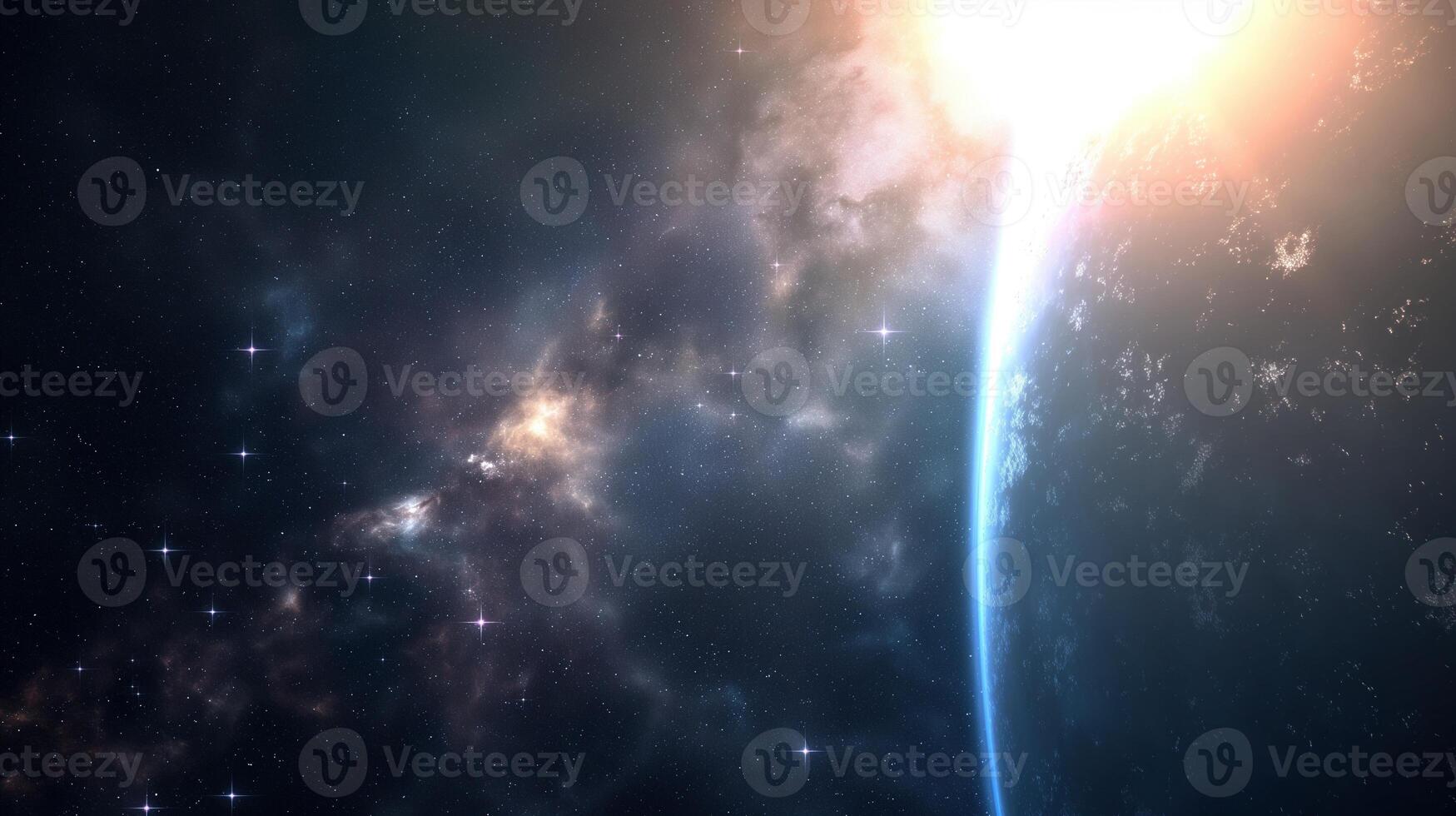 Glowing nebula near planet on dark space image. Gas formation with sparks and globe atmosphere photography scene wallpaper. Travelling in cosmos concept photorealistic photo