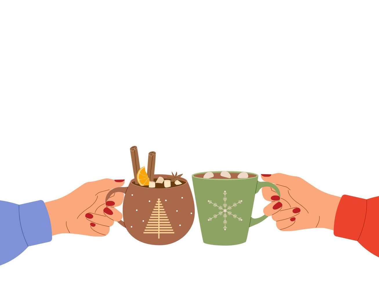 Girl hands holding cups of hot beverages with copy space for text. illustration for cozy themed designs, winter promotions and holiday greetings vector