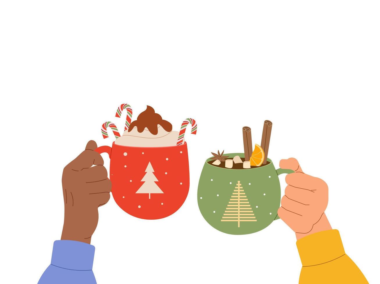 Multiracial hands holding mugs of hot sweet drinks on white background with copy space for text. illustration for cozy themed designs, winter promotions and holiday greetings vector
